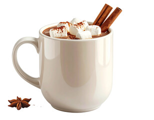 Cozy Autumn Hot Chocolate Mug with Marshmallows and Cinnamon Stick, Front View, isola 