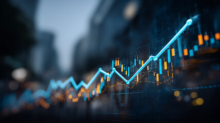 A financial graph showing an upward trend with blue and orange data points visible