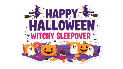Halloween Witchy Sleepover Celebration: Whimsical illustration for Halloween celebrations and sleepover with witch theme, a festive blend of spooky and cheerful elements for the holiday season.