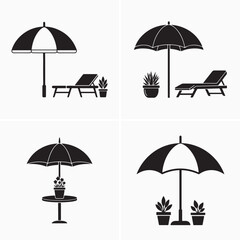 Four black and white scenes showcase summer relaxation under beach umbrellas with plants, transparent background