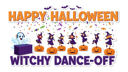 Halloween Witch Dance-Off: A vibrant Halloween scene unfolds with dancing witches, perched atop carved pumpkins. Festive atmosphere filled with the spirit of the season.