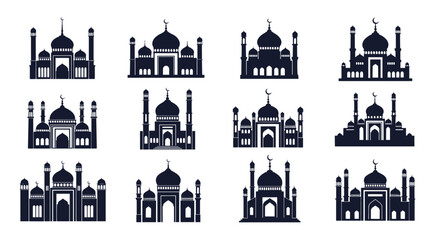 Obraz premium Collection of Islamic mosque architectural silhouettes in a dark blue color.