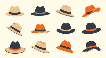 A collection of fedora hats in various colors and designs.