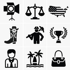 Diverse icon collection showcases lighting equipment, justice balance, and United States map silhouette