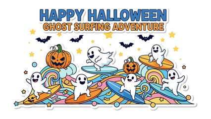 Spooky Surfing Adventure: Playful ghosts ride the waves, embracing the spirit of Halloween with vibrant energy. The scene is alive with joyful specters and decorative elements like bats, stars.