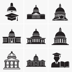 Grid depicts architecture and education icons in solid black against a light background