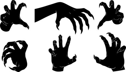 Scary hand silhouette. This image showcases bold black silhouettes of hands with sharp claws, symbolizing horror and fear. Vector clipart illustration