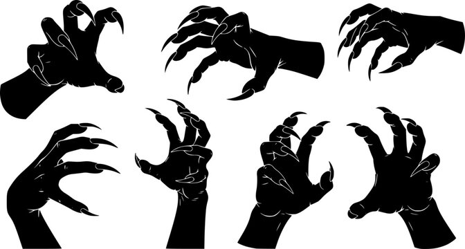 Scary hand silhouette. This image showcases bold black silhouettes of hands with sharp claws, symbolizing horror and fear. Vector clipart illustration