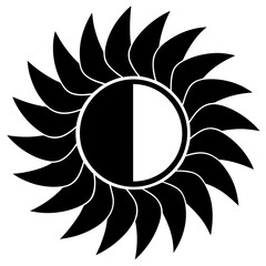 A captivating black and white vector illustration of a sun with half of its face shaded, , radiating warmth and energy
