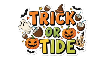 Halloween Trick or Treat: A vibrant and festive illustration celebrating Halloween. This artwork captures the essence of the holiday with pumpkins, ghosts, bats, and a playful Trick or Tide message.