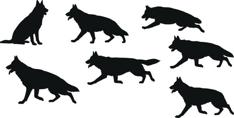 German Shepherd dog silhouette vector, sitting standing walking running poses, black canine outline illustration, pet animal posture clipart, guard dog breed design element