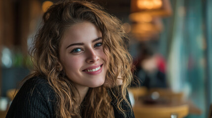 Fototapeta premium A portrait of a smiling woman with curly blonde hair wearing a black top in a blurred background