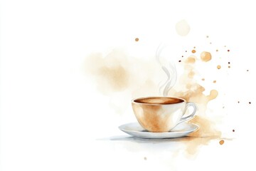 Watercolor art of a steaming coffee cup with artistic splashes and vibrant colors