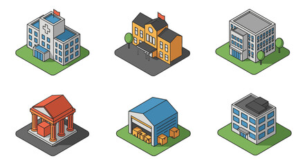 Fototapeta premium Isometric city icons: hospitals, schools, warehouses and more in flat design