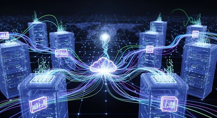 Digital cloud data processing connected with servers and colorful lines on a dark background, concept for data transfer, IT infrastructure and network communication