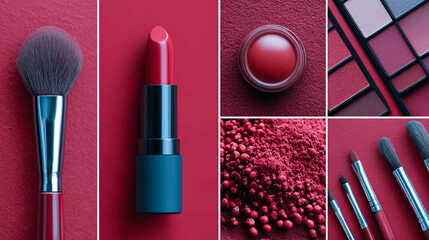 Collage of red themed makeup products including brushes lipstick eyeshadow and loose pigment powder