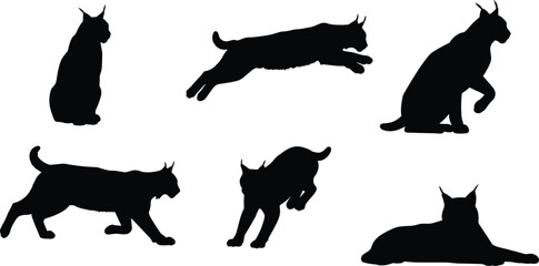 Black lynx silhouette collection, sitting, leaping, crouching, lying down, wild cat vector, animal posture, wildlife design, cad drawing flat vector illustration
