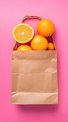 Brown Paper Bag Citrus Fruits Pink Background Food Delivery Shopping