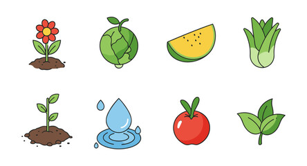 Colorful cartoon nature icons featuring plants and vegetables