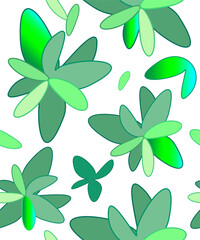 Seamless background with leaves, flowers, and twigs. Botanical decor with curls in different shades of green. Vector.
