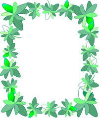 A frame or background with leaves, flowers, and twigs. A botanical decor with curls in various shades of green. Vector.