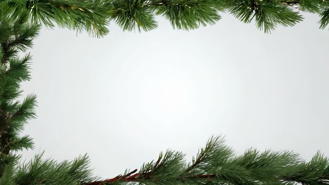 Evergreen branches gradually frame a bright, soft background, creating a festive atmosphere, enhancing holiday spirit and inviting seasonal creativity for design projects