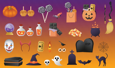 Halloween vector set with candies pumpkins witch hat cauldron ghost skull bat and spooky decorations on gradient background