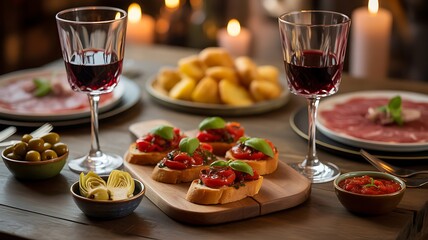 Naklejka premium Delicious bruschetta and wine glasses on a wooden table at restaurant