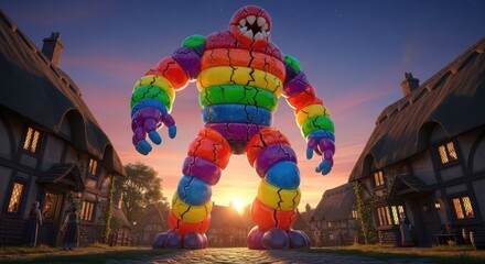 Giant inflatable rainbow monster standing in a quaint village at sunset, fantasy creature, whimsical, colorful, surreal, playful, childhood dream