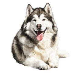 Fluffy Alaskan Malamute Portrait: A close-up watercolor portrait of a majestic Alaskan Malamute, radiating warmth and happiness with its cheerful expression, capturing the breed's spirit and loyalty.