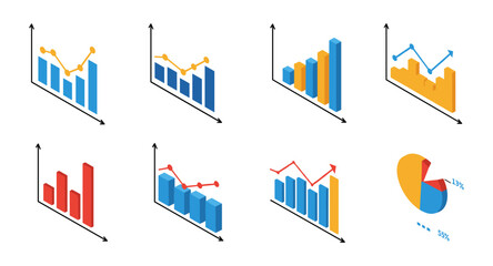 Obraz premium Isometric bar and pie charts with trend lines: data visualization collection