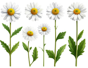 Set of English Daisy Flowers in Various Bloom Stages, Isolated on Transparent Backgro
