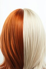 Fototapeta premium Close up of a person's head split between bright copper red and platinum blonde hair