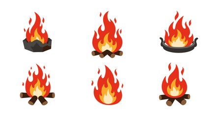 Collection of campfire icons with flames and logs in flat style
