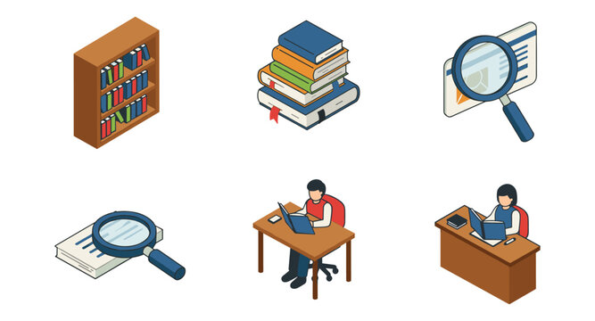Educational and research tools in isometric style: books, magnifying glass, and study scenes