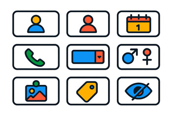 Fototapeta premium Modern Flat Icons. Flat vector icons of registration fields: name field, surname field, birthdate input, phone number input,