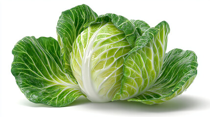 A single head of green cabbage with visible leaves on a plain white background