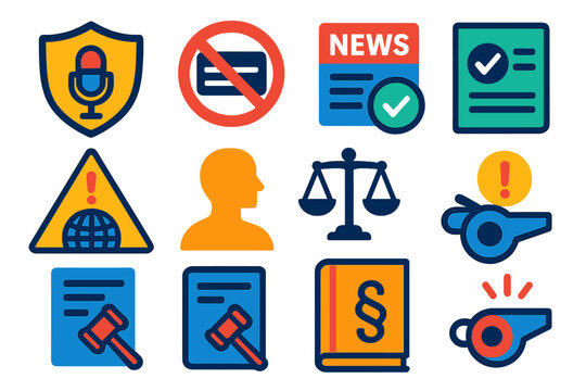 Press Freedom Icons. Flat vector icons of press freedom and ethics: free press shield, censorship ban icon, verified news badge,