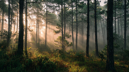 Fototapeta premium Sunlight streaming through trees in a forest with dense ground vegetation and misty atmosphere creating depth