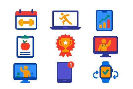 Vibrant Fitness Icons. Flat vector icons of fitness apps: workout calendar, exercise video, mobile progress chart, meal log, daily