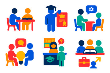 Education Support Icons. Flat vector icons of education support: tutoring session, scholarship award, mentoring, counseling,