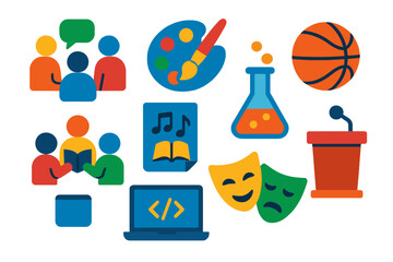 Vibrant Student Activity Icons. Flat vector icons of student activities: group discussion, art class palette, science experiment