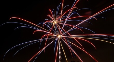 Fireworks explode with red white  yellow streaks against a black night sky