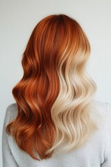 Naklejka premium Woman's wavy two toned hair half ginger red and half blonde against a plain background