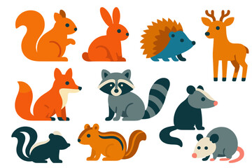 Backyard Wildlife Icons. Flat vector icons of backyard wildlife: squirrel, rabbit, hedgehog, fox, raccoon, deer, skunk, chipmunk,