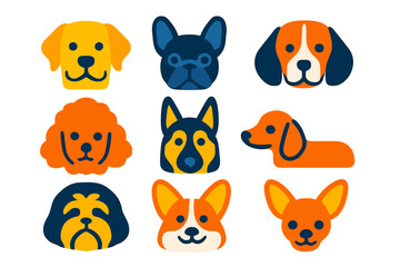 Obraz premium Colorful Dog Icons. Flat vector icons of dog breeds as pets: Labrador Retriever, French Bulldog, Beagle, Poodle, German Shepherd,