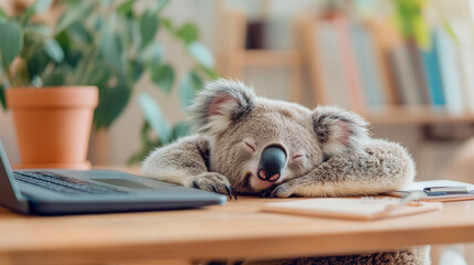 Cute koala peacefully sleeping on warm wooden desk next to laptop and stationery, embodying serene break in home office or study environment.