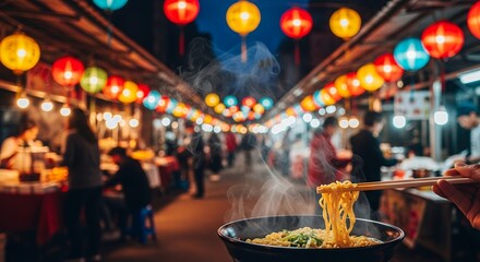 Steaming noodles held by chopsticks against a vibrant night market backdrop filled with colorful lanterns. Concept for culinary tourism, street food adventure and Asian culture exploration