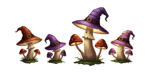 "Cute Witch Hat Mushrooms Illustration Isolated on Transparent Background PNG – Glowing Fantasy Spores Design"