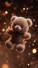 Brown Teddy Bear Floating Lights Bokeh Sparkling Dark Background